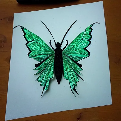 Image similar to black paper luna moth, cut paper, many layers and intricate details