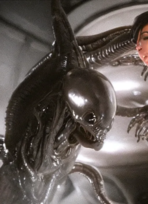 Prompt: movie still of kim kardashian looking up as she's being swallowed by an xenomorph, in the movie alien. goo, saliva, sweat, oily substances.