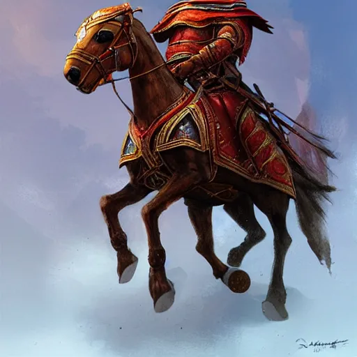 Image similar to byzantine cataphract mounted on horseback, by marc simonetti