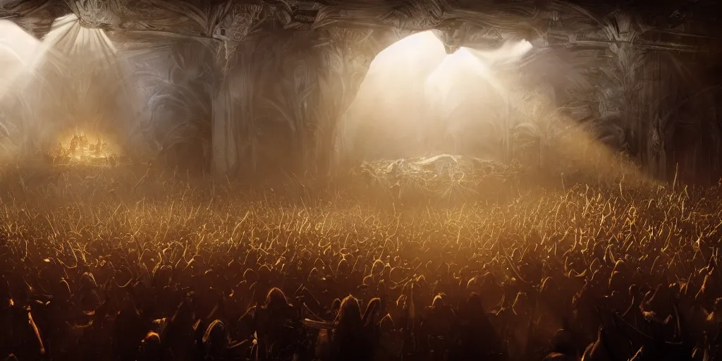 Image similar to ambience, atmosphere, sunbeams, concept art for sauron playing rock guitar concert to a crowd of orcs, lord of the rings, peter jackson, studio ghibli, detailed, realistic lighting, volumetric lighting, golden hour,