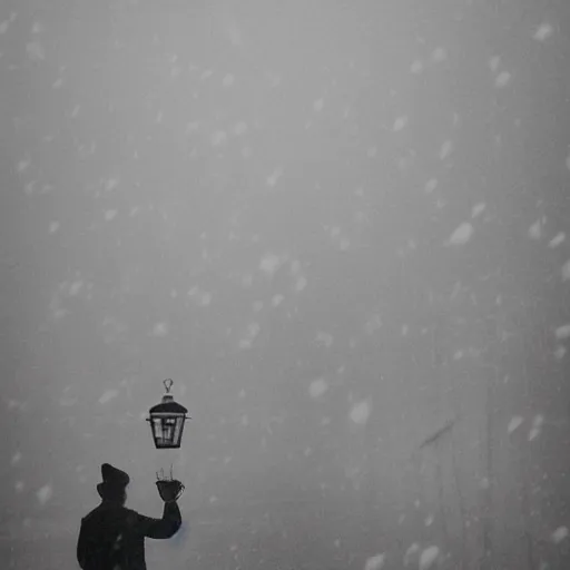 Image similar to a man holds a lantern, snowstorm, foggy, cold, view from the distance, black and white vintage photo