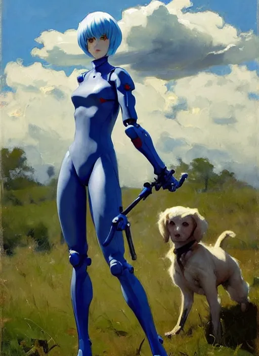 Prompt: Greg Manchess painting of Rei Ayanami in Plugsuit out with the dogs, EVA unit-00 in the back, countryside, fantasy character portrait, dynamic pose, above view, sunny day, thunder clouds in the sky, artwork by Jeremy Lipkin and Giuseppe Dangelico Pino and Michael Garmash and Rob Rey, very coherent asymmetrical artwork, sharp edges, perfect face, simple form, wacky, 100mm