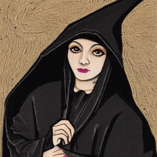 Image similar to a witch wearing a dark hooded cloak