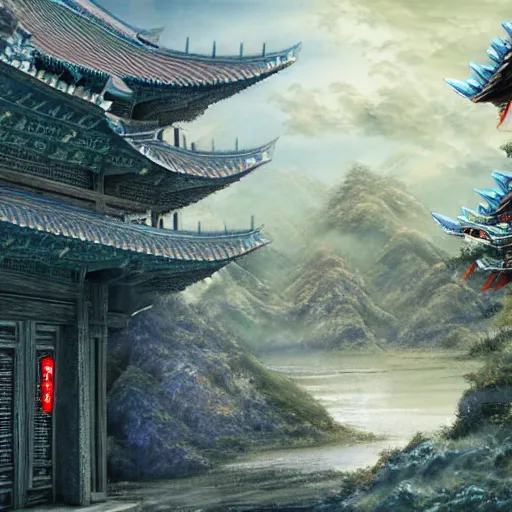 Prompt: dynamic composition, motion, ultra-detailed, incredibly detailed, a lot of details, amazing fine details and brush strokes, colorful and grayish palette, smooth, HD semirealistic anime CG concept art digital painting, watercolor oil painting of epic castle gate, from Three Kingdoms, by a Chinese artist at ArtStation, by Huang Guangjian, Fenghua Zhong, Ruan Jia, Xin Jin and Wei Chang. Realistic artwork of a Chinese videogame, gradients, gentle an harmonic grayish colors.