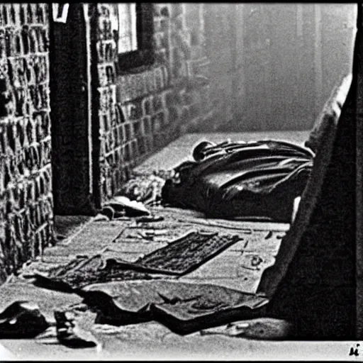 Prompt: 1980 photograph of a crime scene of the serial killer Jack the Ripper, unsettling, creepy, horrific, gruesome