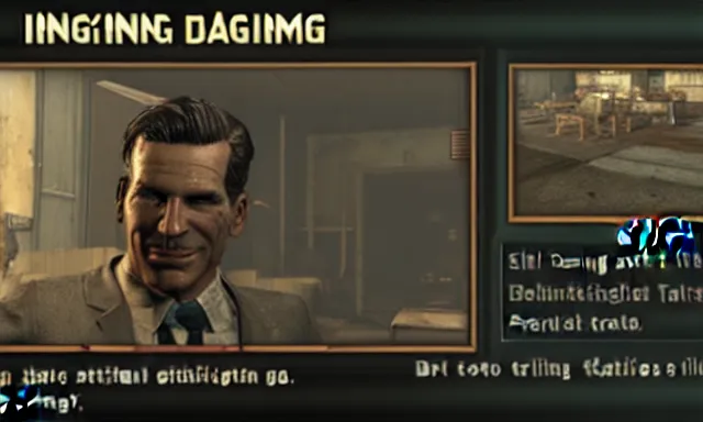 Image similar to ingame dialog talking!!!!!!!!! to dennis!!!!! bateman!!!!! in fallout 5, hd 4 k max settings raytracing