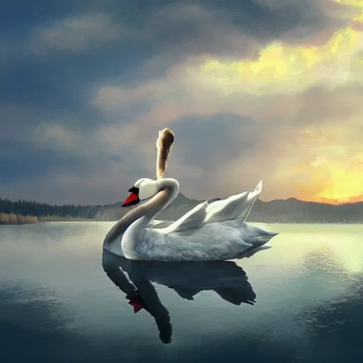 Image similar to prince riding a giant swan in the lake, trending on artstation