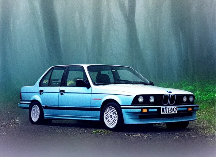 Image similar to “Illuminati in the mist of the forest, matter painting, mystical” !dream “BMW e30 driving through an underwater city, photo taken from a long shot, matter painting, iridescent small fish” H 896