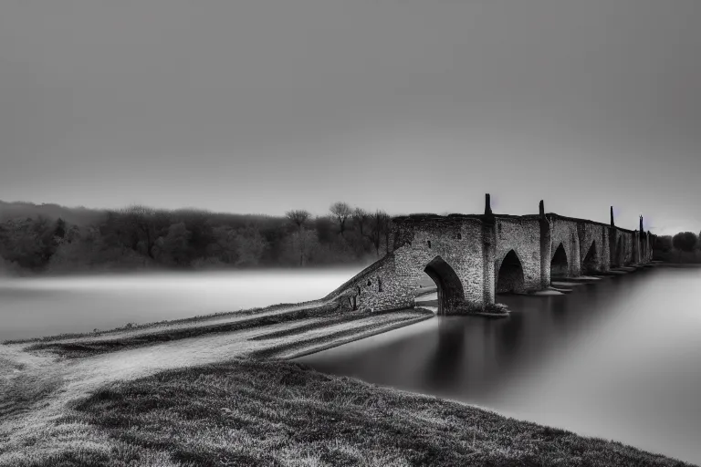 Image similar to masterpiece monochromatic lomography landscape of ( pont saint ambroix ), ambrussum, cinematic lights, 8 k, long exposure, fog in the background, soft blue tones, artstation, deviantart