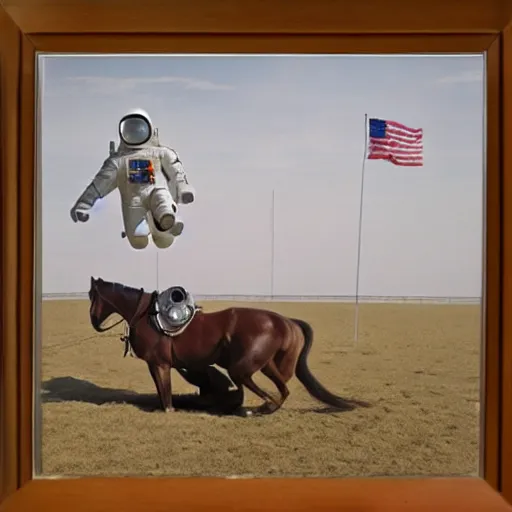 Image similar to astronaut standing on all fours and horsey stand thereon