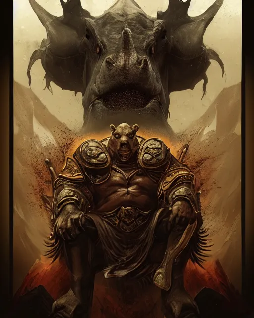 Image similar to Hippo, Anthropomorphized, portrait, as evil warlord general on skull throne, magic the gathering artwork, D&D, fantasy, cinematic lighting, centered, symmetrical, highly detailed, digital painting, artstation, concept art, smooth, sharp focus, illustration, volumetric lighting, epic Composition, 8k, art by Akihiko Yoshida and Greg Rutkowski and Craig Mullins, heroic pose, oil painting, cgsociety, Battlefield background, explosions, arrows