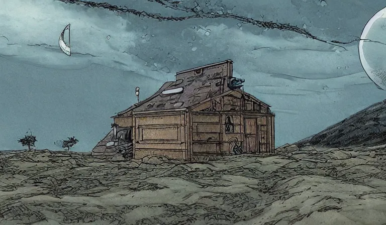 Image similar to A serene landscape with a singular building in the style of Enki Bilal and Moebius and Simon Bisley.