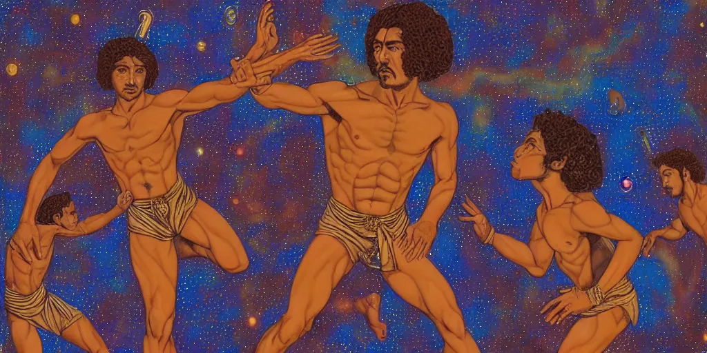 Image similar to an abstract space station background, a multiracial greek god dancing, clear eyes. 2 4 mm, photorealistic, muted color scheme, directed by mati klarwein