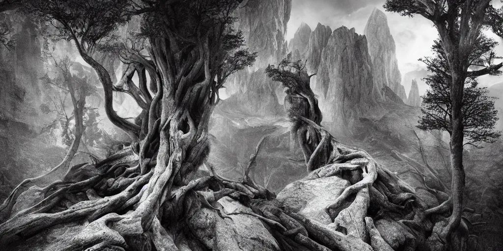 Prompt: ego perspective photography roots sprawling, climbing, forest, dolomites, alpine, detailed intricate insanely detailed octane render, 8k artistic 1920s photography, photorealistic, black and white, chiaroscuro, hd, by David Cronenberg, Raphael, Caravaggio