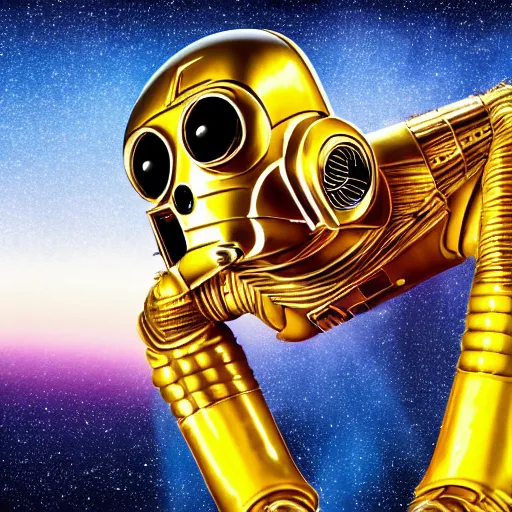 Image similar to image portrait of Simpson as C3PO in star wars, background blue sky puffy clouds cinematic 4k