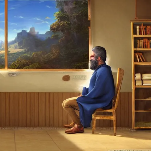 Prompt: a weary bearded traveler sits in the back of a classroom listening to a lecture from a wise sage, beautiful detailed and realistic matte painting