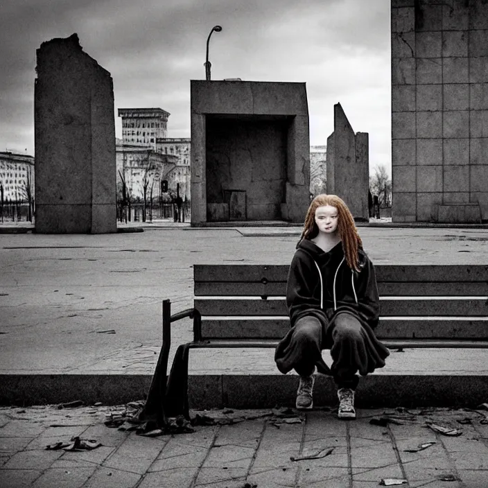 Image similar to sadie sink in hoodie sits on bench in ruined square, pedestrians walk by, old soviet monument. storyboard, scifi cyberpunk. by gabriel hardman, joe alves, chris bonura. cinematic atmosphere, detailed and intricate, perfect anatomy