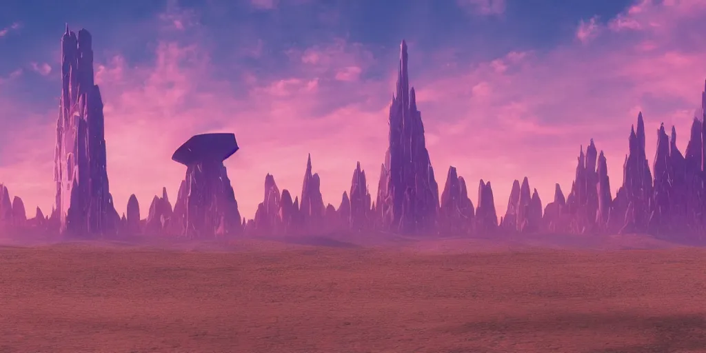 Prompt: artistic rendering of a cinematic shot of a scifi fantasy desertscape, beautiful pink sky, blue geometric tower with spires, processing the soul of an ancient alien