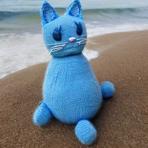 Prompt: knitted cat on the beach