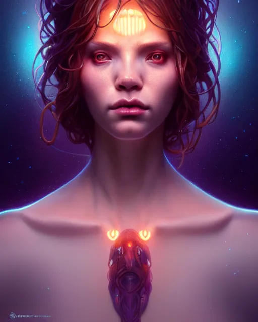 Image similar to one singular portrait of a sad bioluminescent creature, highly detailed, digital painting, cinematic, hyper realism, dark retrowave, art by stanley lau and artgerm and magali villeneuve and alphonse mucha, artstation, octane render, cgsociety