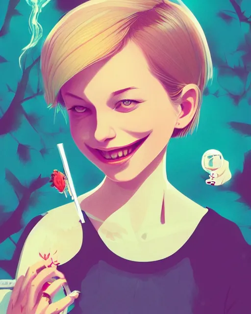 Image similar to digital illustration of pretty girl with short blonde hair hair, from alice in wonderland, smoking, happy eyes, smiling, in a wonderland forest, in junkyard at night, by ilya kuvshinov, lois van baarle, rossdraws, basquiat