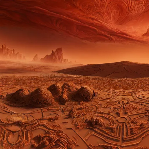 Prompt: martian desert landscape in style of Doom, insanely detailed and intricate, golden ratio, elegant, ornate, unfathomable horror, elite, ominous, haunting, matte painting, cinematic, cgsociety, Andreas Marschall, James jean, Noah Bradley, Darius Zawadzki, vivid and vibrant