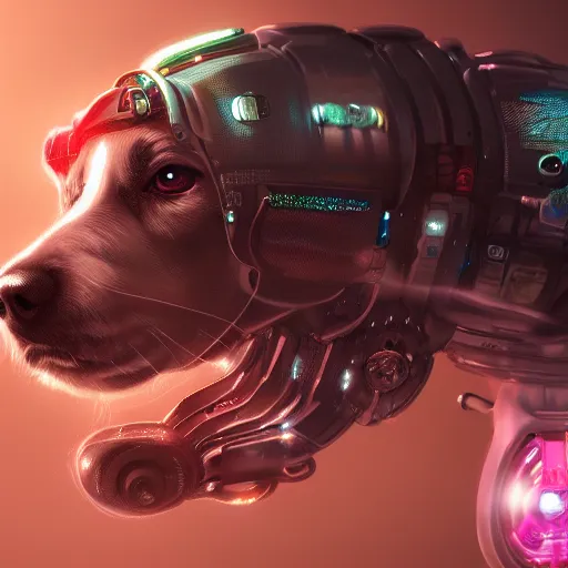 Prompt: Cyberpunk cyborg dog , digital art , highly detailed , high contrast, beautiful lighting, award winning , trending on art station, photorealistic, 8k