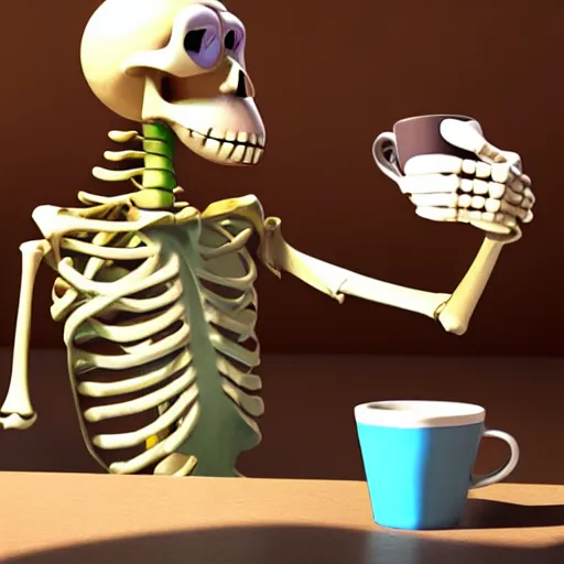 Prompt: 3d render pixar cartoon skeleton drinking a cup of coffee hd octane render