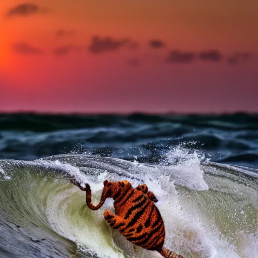 Image similar to a closeup photorealistic photograph of a knitted tiger hippopotamus that is riding a large wave during sunset. surf in the background. professional capture. brightly lit scene. this 4 k hd image is trending on artstation, featured on behance, well - rendered, extra crisp, features intricate detail, epic composition and the style of unreal engine.