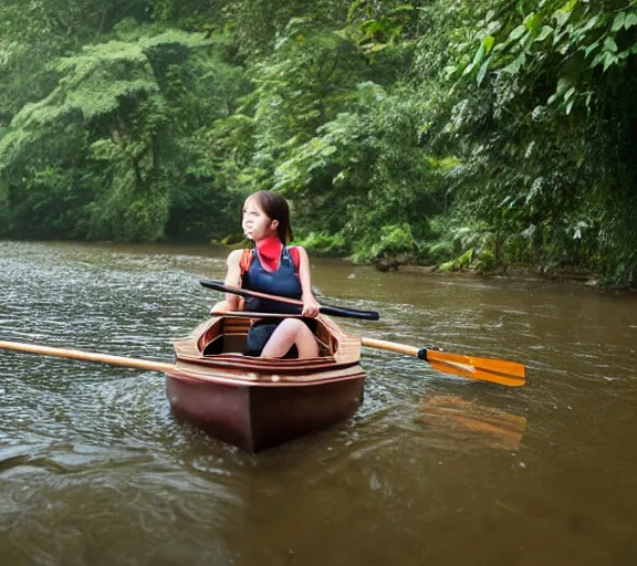 Prompt: a girl rowing a small rowboat, girl is focus, medium shot. Narrow river, close river bank, shady, forest, jungle, vines, trees, ripples, reflections. By Makoto Shinkai, Stanley Artgerm Lau, WLOP, Rossdraws, James Jean, Andrei Riabovitchev, Marc Simonetti, krenz cushart, Sakimichan, D&D trending on ArtStation, digital art.