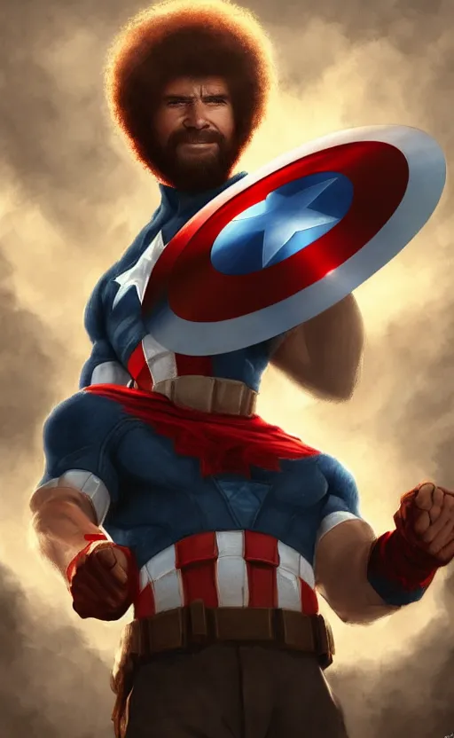 Prompt: bob ross as captain america, dynamic lighting, cinematic, ultra detailed, trending on art station, stunning visuals, creative, fantasy concept art