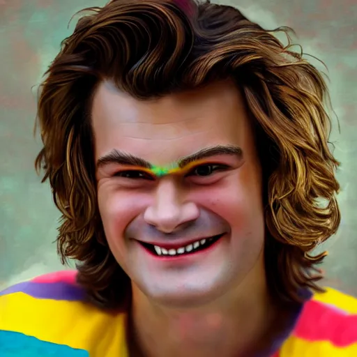 Prompt: impressionist portrait of steve harrington smiling, colorful, hd, 8k, sharp focus