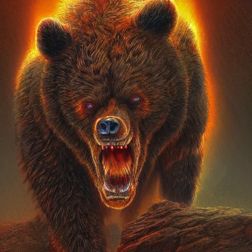 Image similar to photorealistic demon bear in the style of michael whelan and gustave dore. hyperdetailed photorealism, 1 0 8 megapixels, amazing depth, glowing rich colors, powerful imagery, psychedelic overtones, 3 d finalrender, 3 d shading, cinematic lighting, artstation concept art