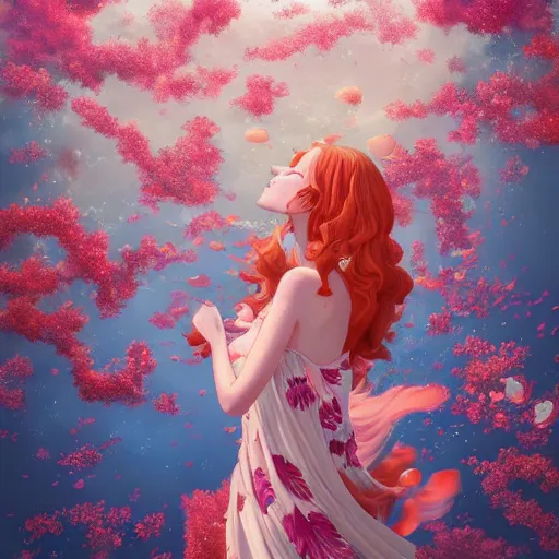 Image similar to Ginger woman in a swirling sundress of flowers, underwater, floral explosion, radiant light, vortex of plum petals, by WLOP, Hasui Kawase and artgerm, artstation, deviantart