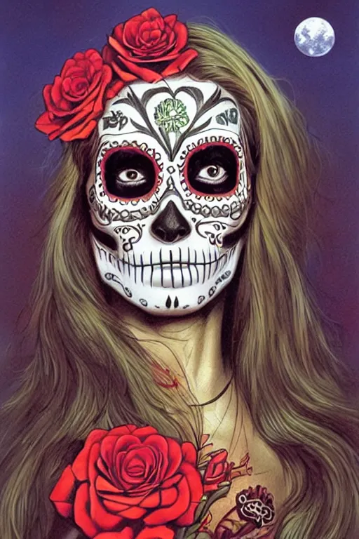 Image similar to Illustration of a sugar skull day of the dead girl, art by michael whelan