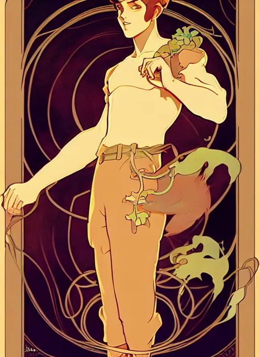 Image similar to art nouveau portrait of catboy, natural lighting, path traced, highly detailed, high quality, cartoon, digital painting, by don bluth and ross tran and studio ghibli and alphonse mucha