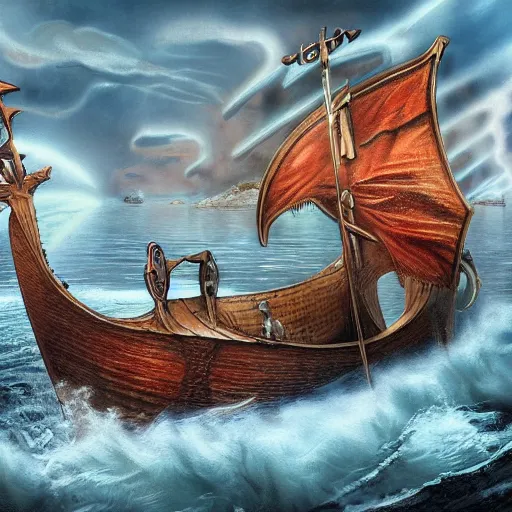 Prompt: fantasy art hyper realistic ai created interesting bizarre viking boat fantastic art award winning best ultra detailed magnificent