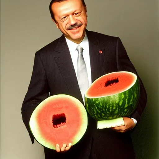 Image similar to recep tayyip erdogan smiling holding watermelon for a 1 9 9 0 s sitcom tv show, studio photograph, portrait c 1 2. 0