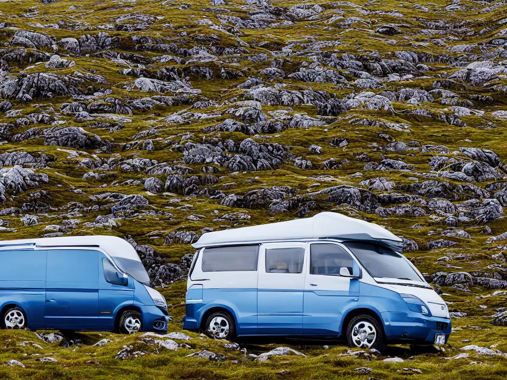 Prompt: hyper detailed advertising photograph of a sci-fi campervan on the Isle of Harris, Scotland, photorealistic, 8K, rocky, mountains, grass, beach