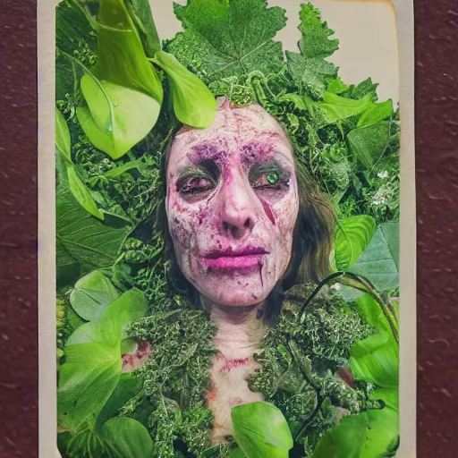 Image similar to a beautiful detailed front view portrait of a rotten woman corpse with fractal plants and fractal flowers growing around, volumetric light, beautiful lit, polaroid photography