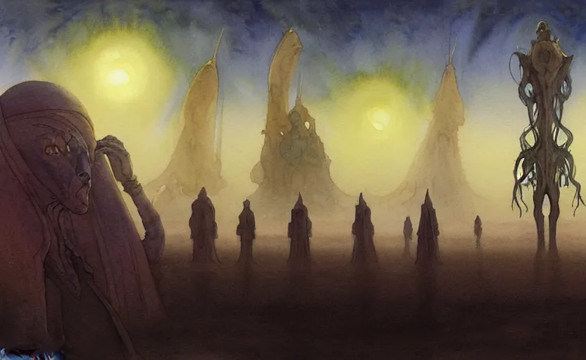 Image similar to a hyperrealist watercolour character concept art portrait of a tall elegant lovecraftian alien on a misty night in the desert. a small group of middle eastern men are watching from the foreground. a battlecruiser starship is in the background. by rebecca guay, michael kaluta, charles vess and jean moebius giraud