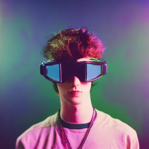 Image similar to kodak portra 1 6 0 photograph of a skinny nerdy goth guy with wild hair wearing goggles and eclectic jewelry, moody lighting, moody aesthetic, telephoto, 9 0 s vibe, rave background, vaporwave colors, faded!,