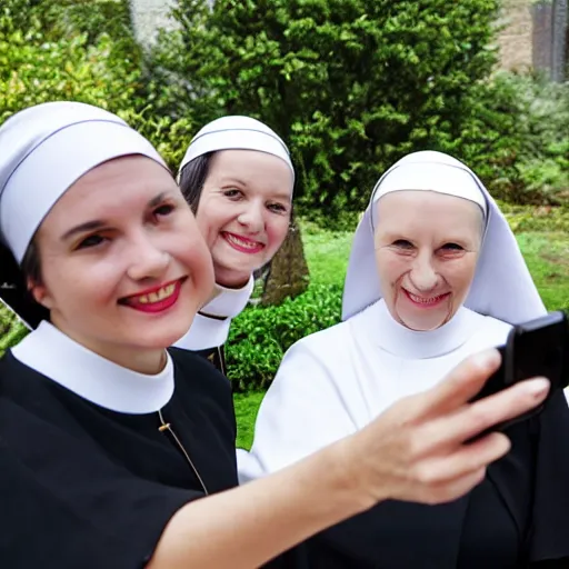 Prompt: group of nuns taking a selfie with a selfiestick, statue of david