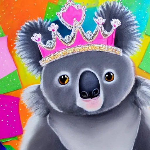 Prompt: detailed painting of smiling fluffy koala wearing a princess dress and crown with confetti background