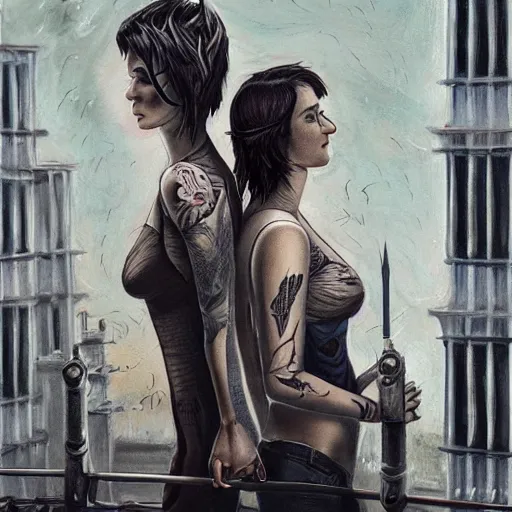 Image similar to short - haired tattooed heroic stoic handsome muscular blonde butch tomboy woman engineer standing beside dark fae feathered gothic jennifer connelly standing together on a balcony at night, in love, rocket factory in background, highly detailed, trending on art station, oil painting