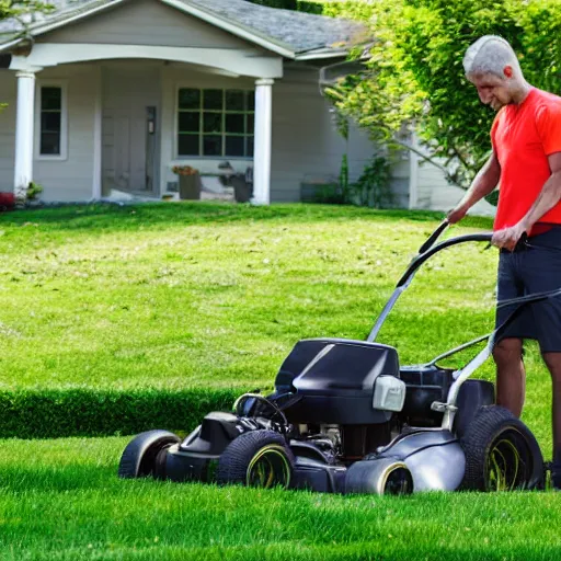 Image similar to a stock photo of a man mowing his lawn, 4 k, detailed face