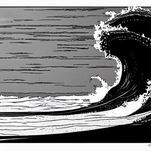 Prompt: ocean swells by Moebius, black and white, fine lines