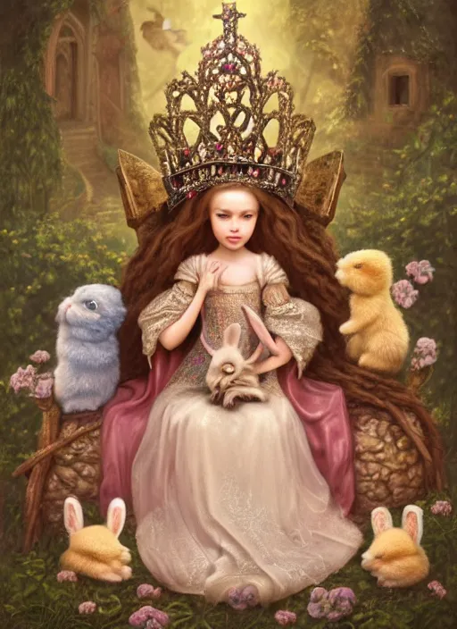 Image similar to highly detailed closeup portrait of a fairytale medieval princess wearing a crown and sitting on a throne, surrounded by cute bunnies, unreal engine, nicoletta ceccoli, mark ryden, earl norem, lostfish, global illumination, god rays, detailed and intricate environment