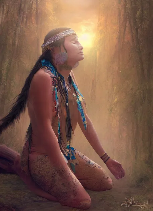 Prompt: acceptance, surrender, letting go, indigenous woman relaxing, matte painting, fantasy art