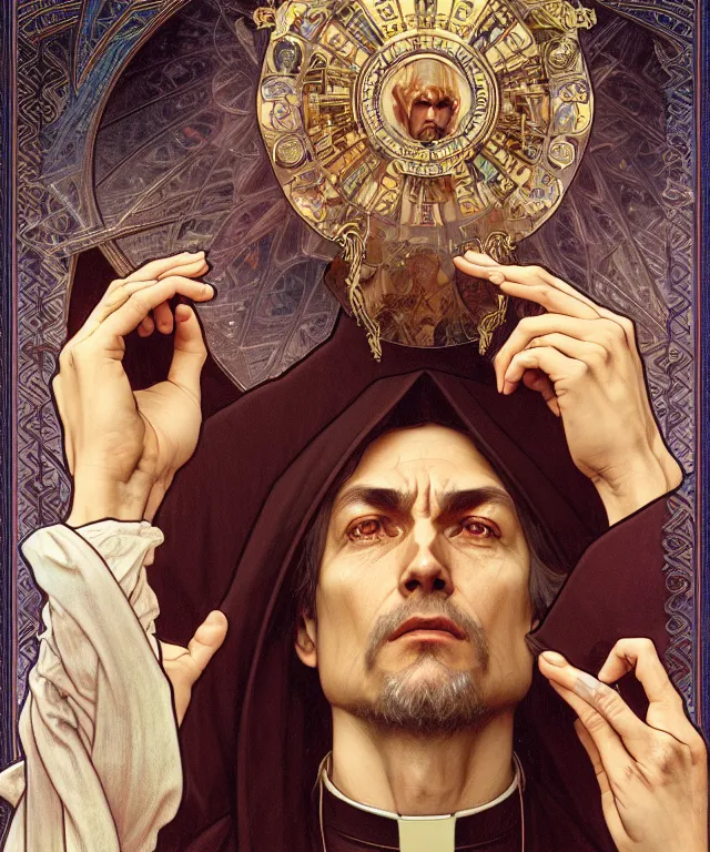 Image similar to a greedy preacher, an evil Catholic priest, portrait, intricate, elegant, highly detailed, 20mm film, art by artgerm and greg rutkowski and alphonse mucha